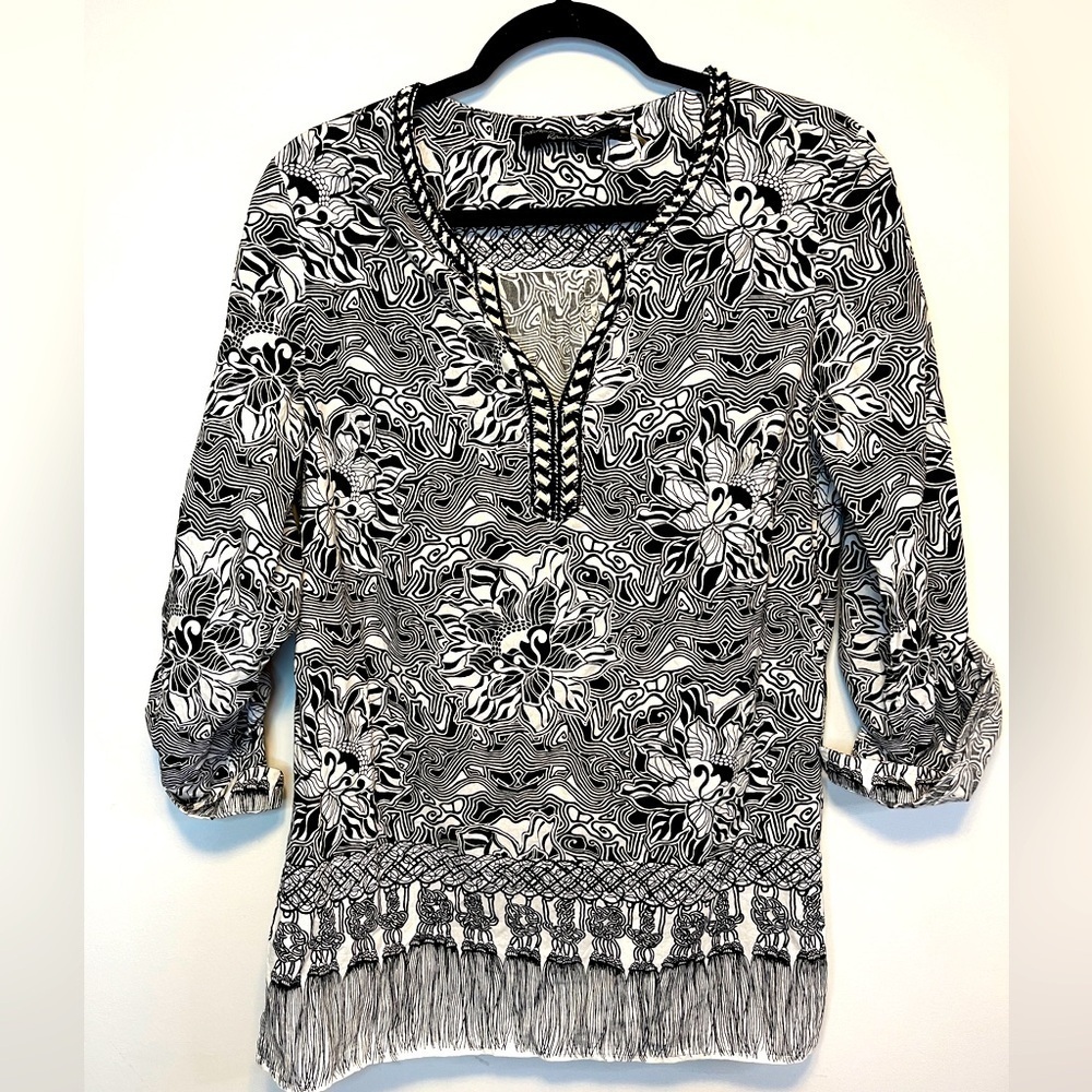 Robert Graham Beaded Black White Tunic Top S